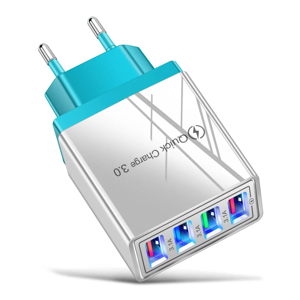 Chargeur secteur 3,1 A (UE/US) avec 4 ports USB pour la maison et les voyages, compatible avec iPhone 12, 13, 14, 15 Pro Max, Samsung, Xiaomi et Huawei