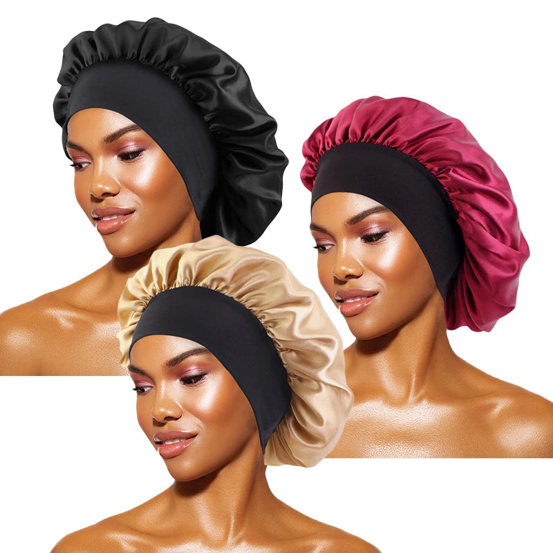 Bonnets solides en Satin pour femmes, Bonnet de bain à larges bords pour dormir la nuit, unisexe, bandeau élastique, Bonnet de soins capillaires