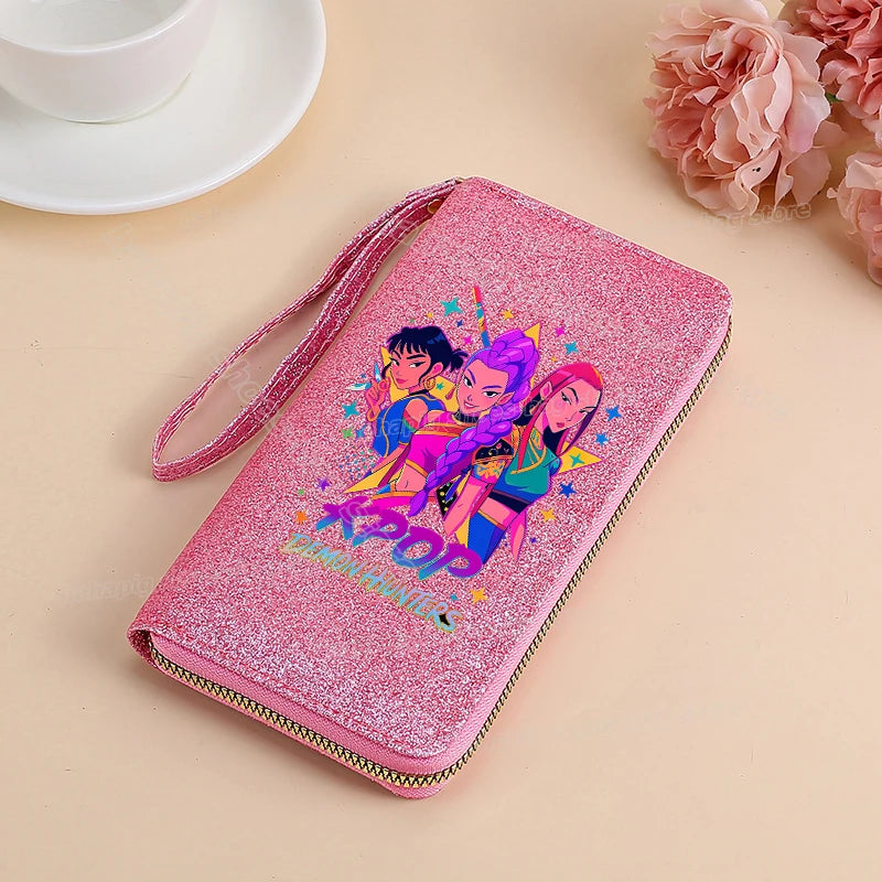 Portefeuille long KPop Demon Hunters pour femmes, à paillettes et fermeture éclair, en cuir PU, porte-monnaie, porte-cartes d'identité, pochette pour femme