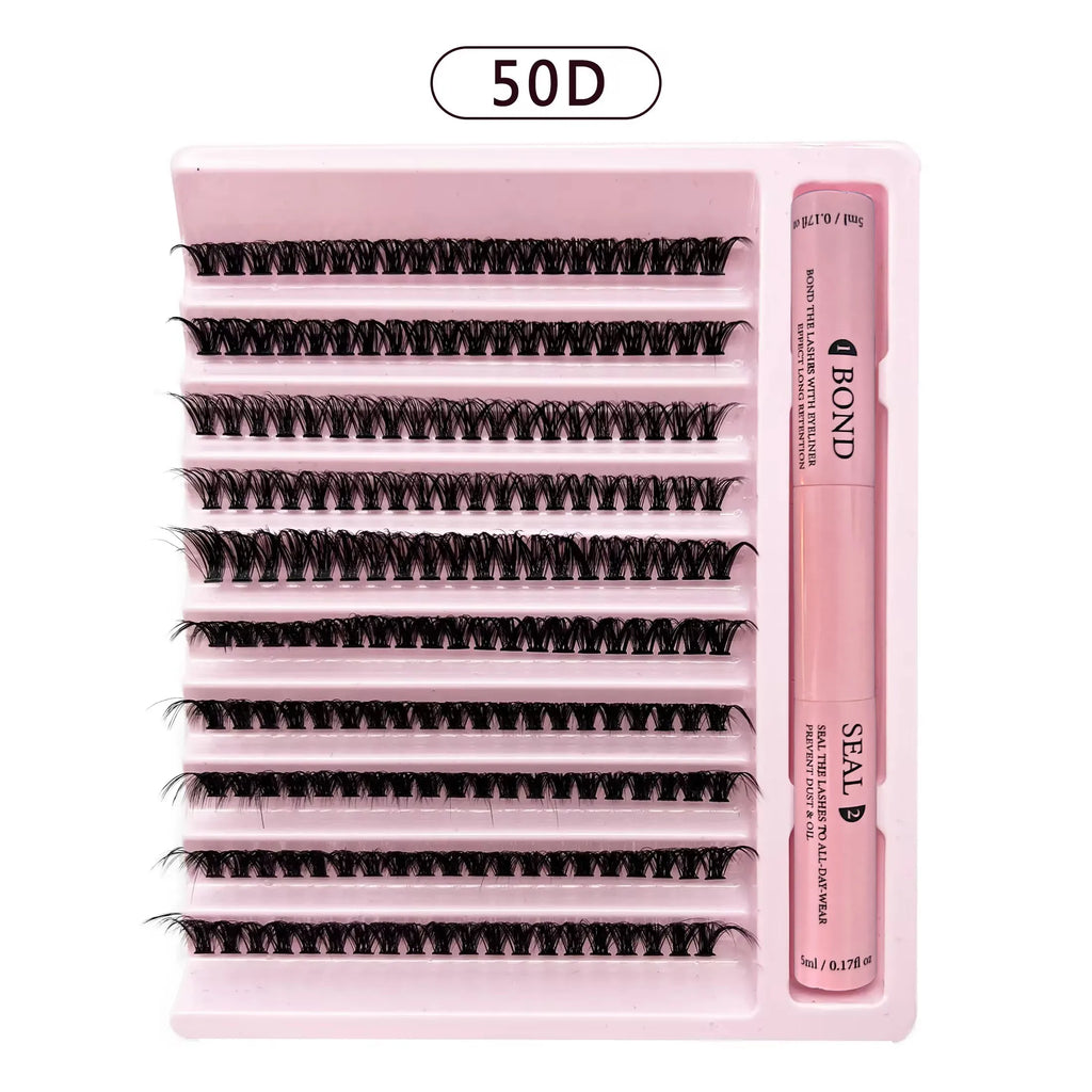 DiY Cluster Lashes Kit 200 Pcs: 8-16mm Mixed, Bond & Seal Glue, Tweezers for Natural Self Application Look
