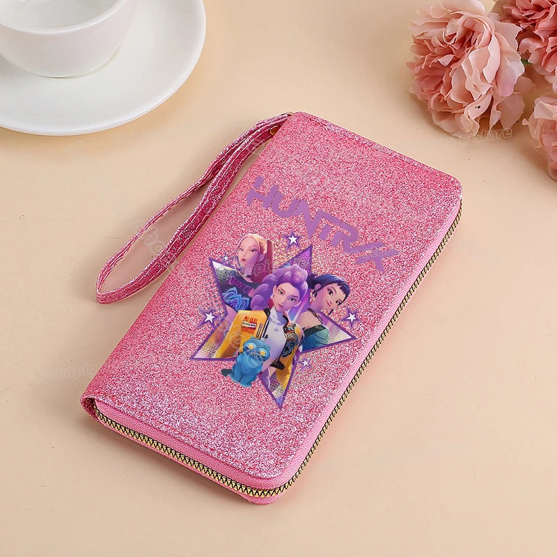 Portefeuille long KPop Demon Hunters pour femmes, à paillettes et fermeture éclair, en cuir PU, porte-monnaie, porte-cartes d'identité, pochette pour femme
