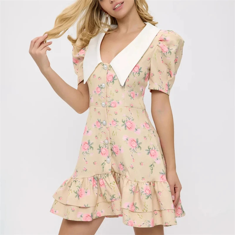 Tornova imprimé manches bouffantes robe à volants femmes col en v taille haute perles boutons Mini robe femme décontracté vacances robe de mode