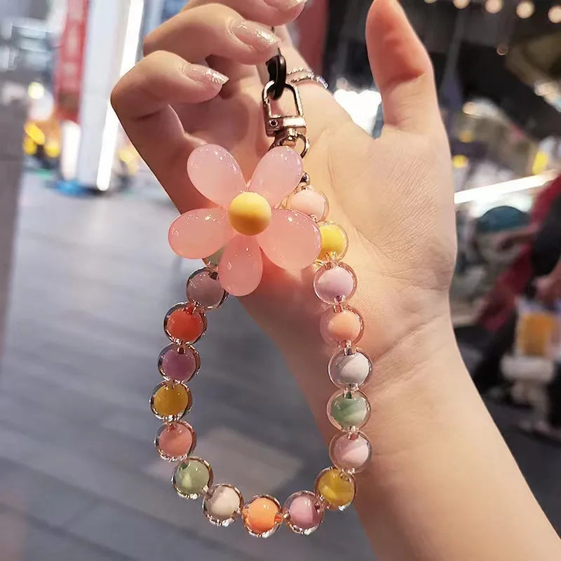 Lanière de téléphone Anti-perte pour clé, pendentif de poignet court, Macaron coloré, perle ronde, chaîne à main pour femmes, lanière de téléphone portable