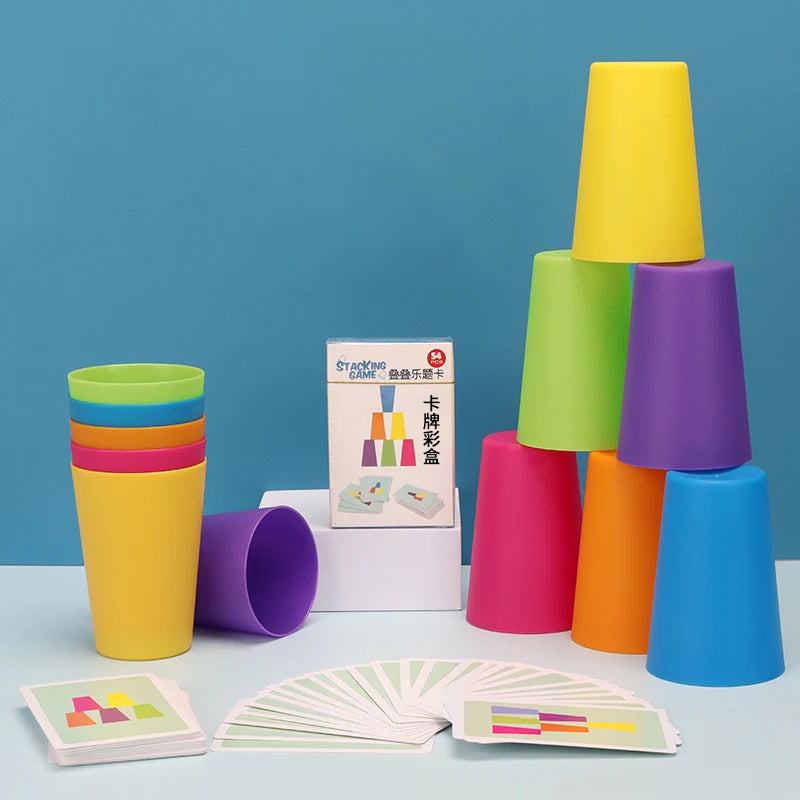 Jeu de rapidité à empiler les gobelets avec cartes, couleurs et logique, jouet Montessori pour l'éveil des enfants et l'interaction parent-enfant