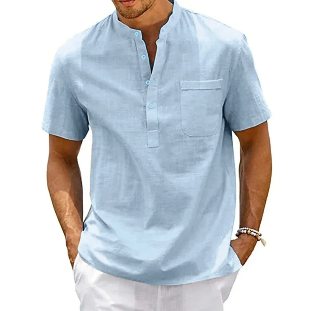 Chemise en coton et lin pour homme, col Henley, poche, manches courtes, style décontracté, couleur unie, style streetwear vintage