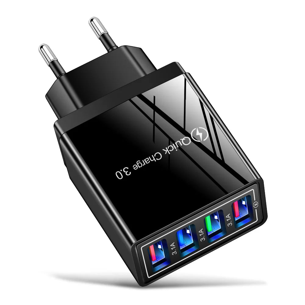 Chargeur secteur 3,1 A (UE/US) avec 4 ports USB pour la maison et les voyages, compatible avec iPhone 12, 13, 14, 15 Pro Max, Samsung, Xiaomi et Huawei