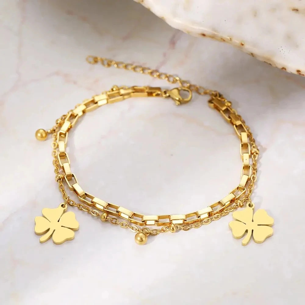 Clearance_Bracelets en acier inoxydable pour femmes, tendance, trèfles fins, pendentif, perles, chaîne en couche, bijoux festifs