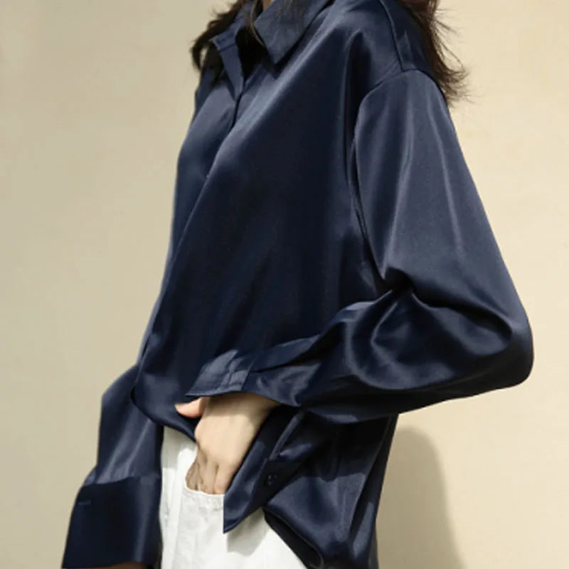 Chemise en Satin pour femmes, élégante, ample, col rabattu, chemisier pour dames, Vintage, décontracté, boutons, hauts en soie, printemps, automne