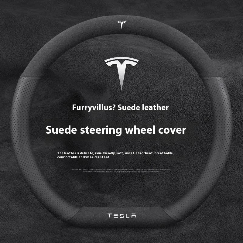 Housse de volant en cuir suédé antidérapant et respirant pour Tesla Model 3, Model Y, Model S, Model X Roadster- Accessoires auto