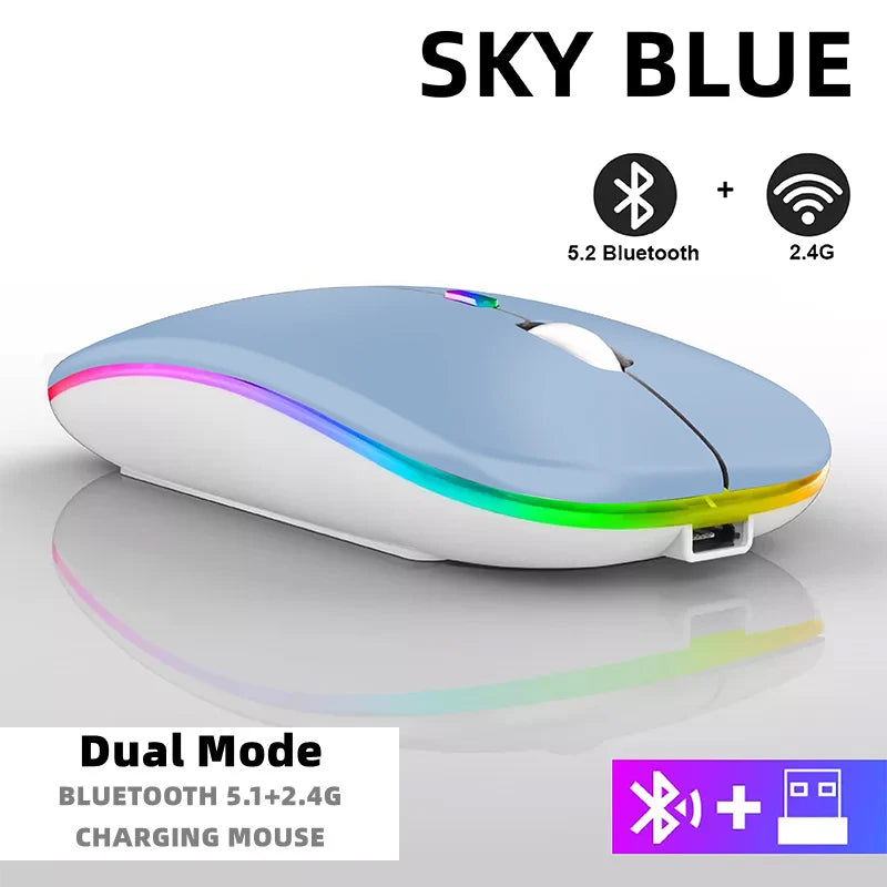 Souris sans fil pour ordinateur portable PC, Bluetooth RGB rechargeable, souris sans fil silencieuse avec rétroéclairage LED, souris ergonomique pour le jeu
