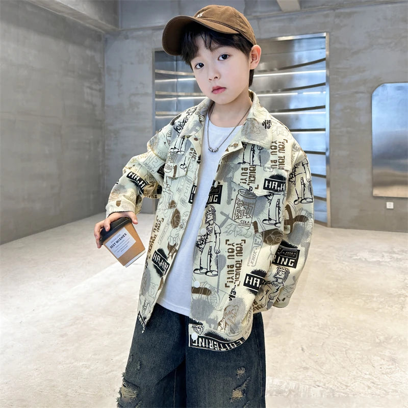 Veste en jean beige tendance printemps-automne pour enfant, dessins pour adolescents, style streetwear, taille 5-14 ans