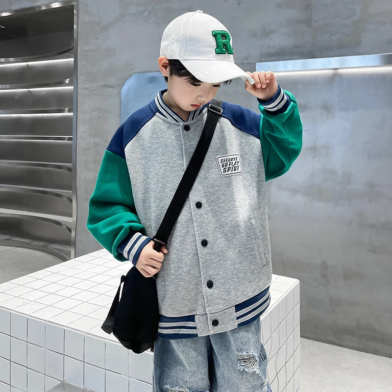 Veste de baseball tendance automne 2025 pour garçons, col rond, style sportif, tailles 5, 7, 9, 11, 13 et 14 ans