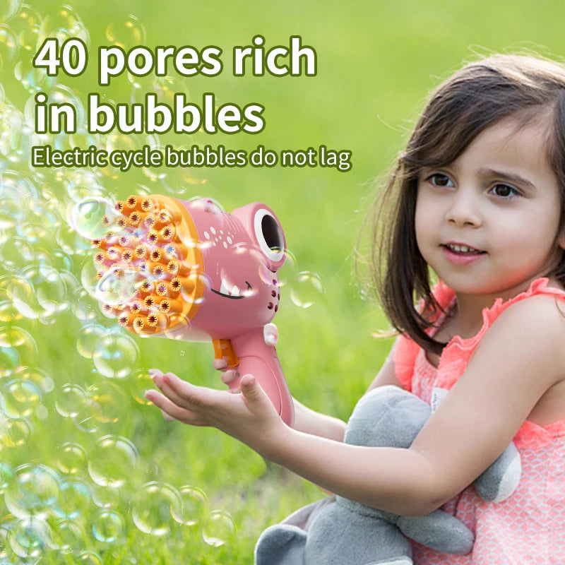 Pistolet à bulles dinosaure à 40 trous, machine à bulles portable entièrement automatique, sans piles ni eau à bulles, cadeau idéal pour les enfants