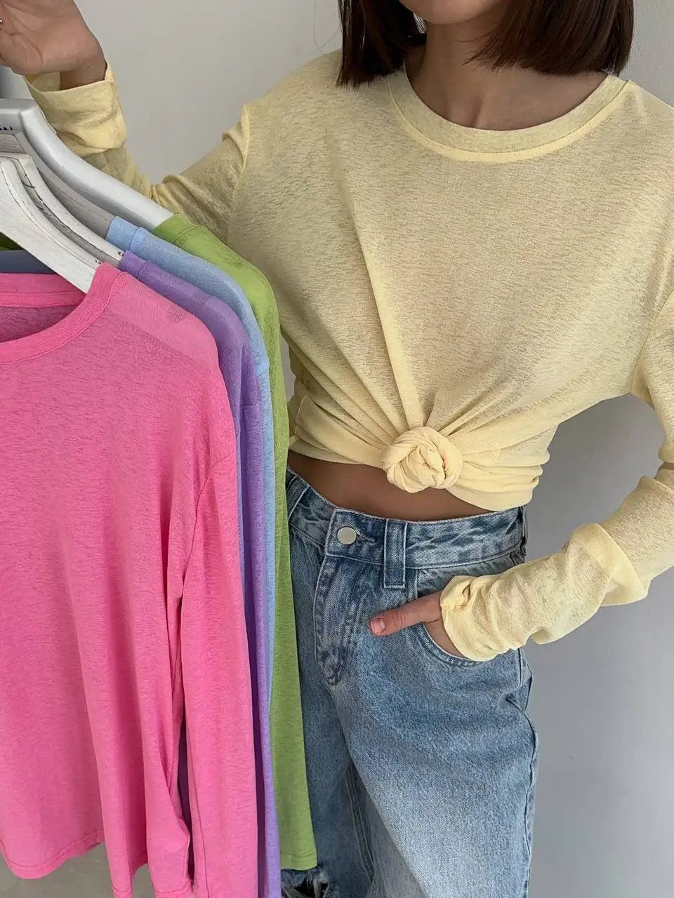 Hirsionsan 2025 basique doux t-shirts femmes été automne manches longues bas ample t-shirts dames décontracté tricoté doux femme hauts