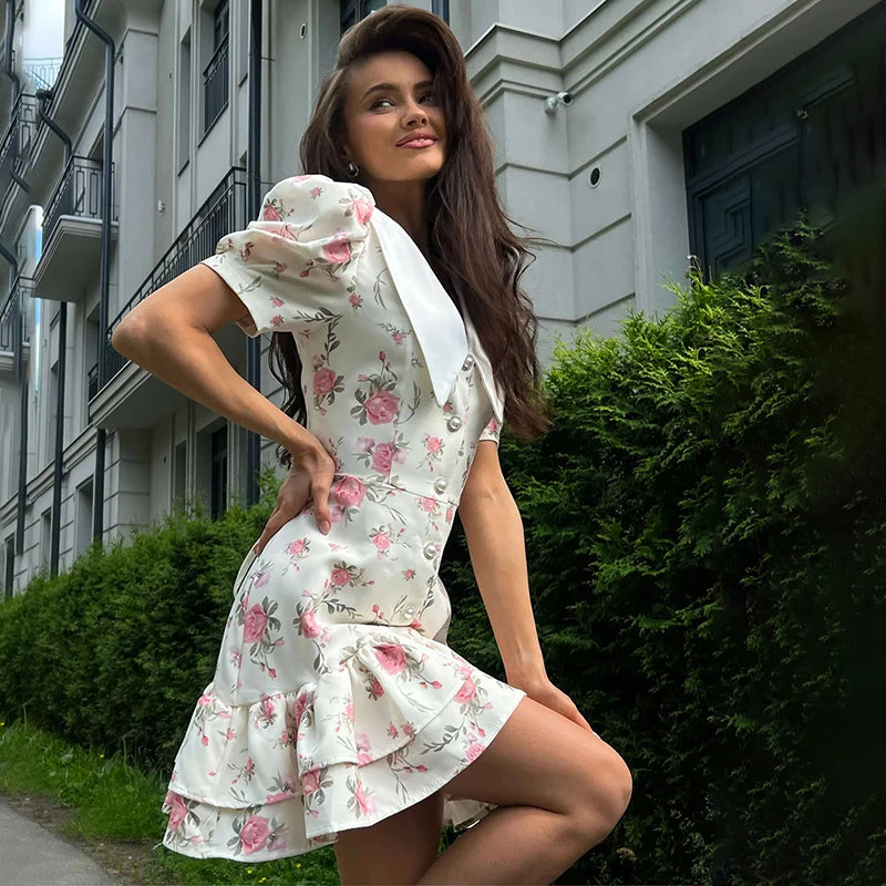 Tornova imprimé manches bouffantes robe à volants femmes col en v taille haute perles boutons Mini robe femme décontracté vacances robe de mode