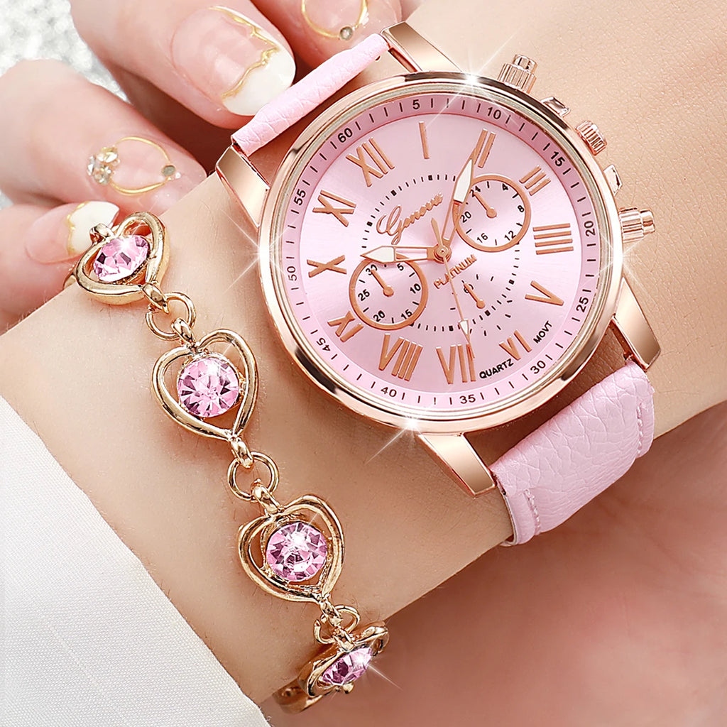 Ensemble de 5 montres pour femmes, style Genève, avec bracelet en cuir décontracté et strass en forme de cœur (sans boîte)