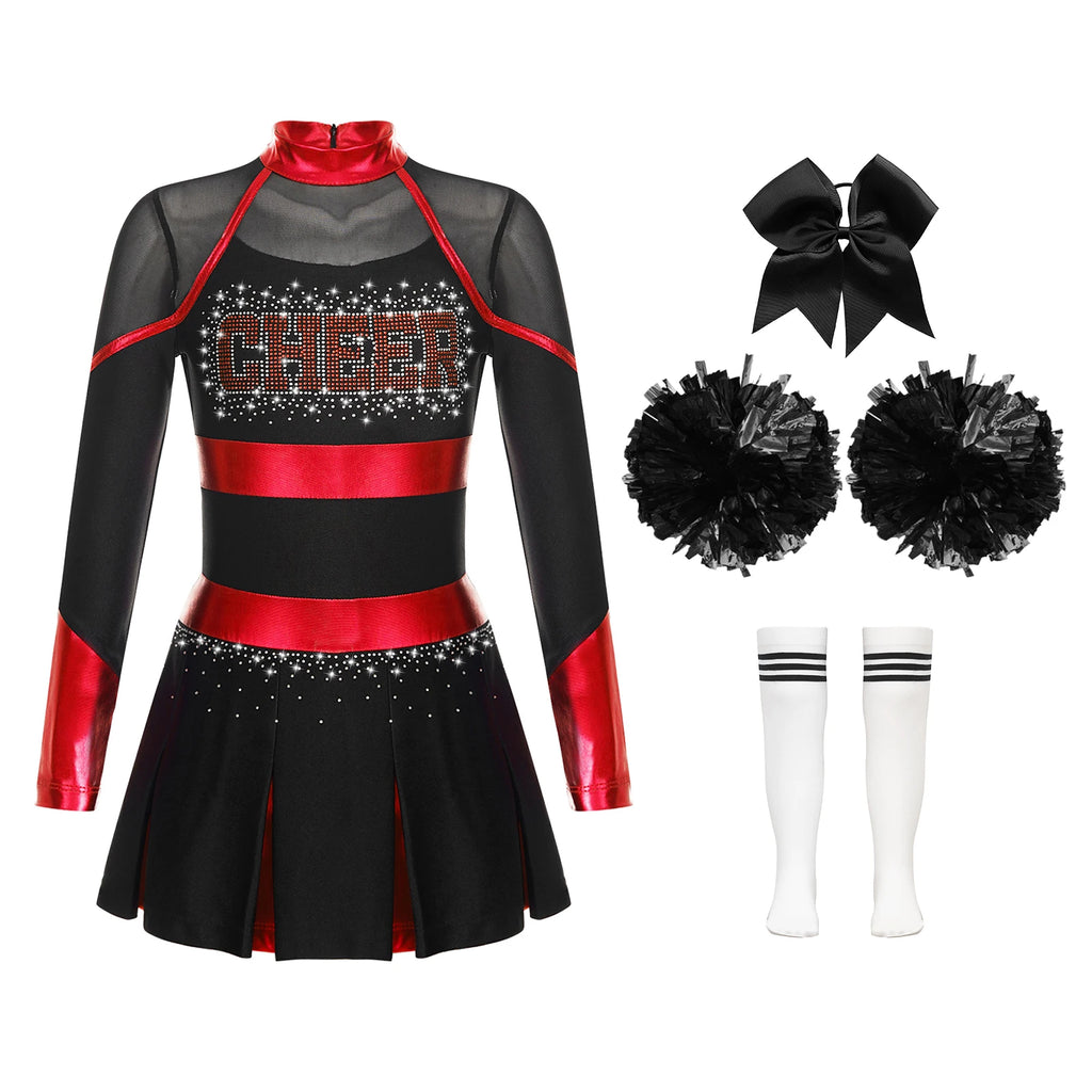Uniformes de pom-pom girl pour enfants filles, 4 pièces, tenue de danse à l'école, paillettes brillantes, robe à épaules dénudées, déguisement de pom-pom girl de carnaval