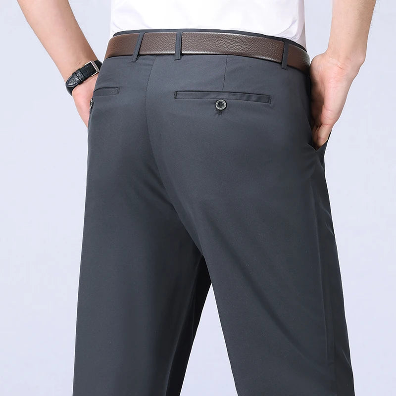 Pantalon homme stretch noir uni, coupe droite, style coréen, séchage rapide, idéal pour le bureau ou le printemps/automne