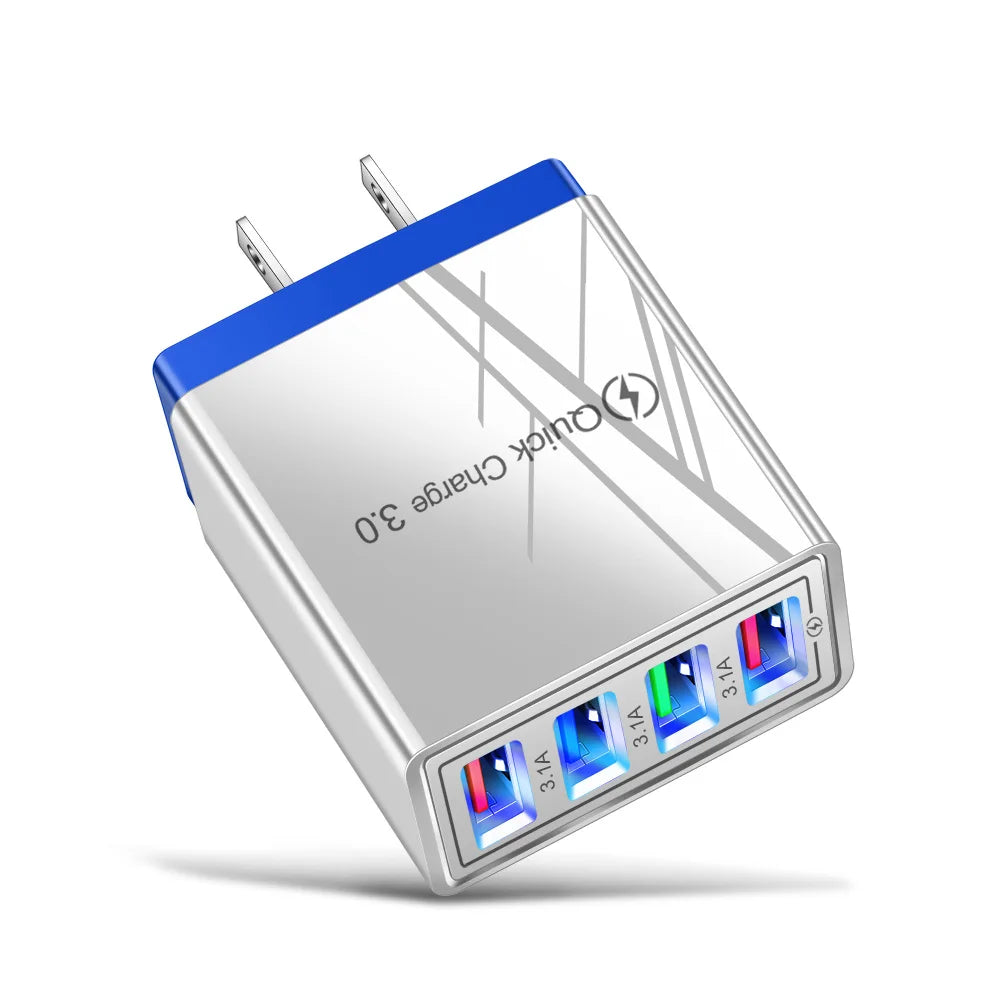 Chargeur secteur 3,1 A (UE/US) avec 4 ports USB pour la maison et les voyages, compatible avec iPhone 12, 13, 14, 15 Pro Max, Samsung, Xiaomi et Huawei