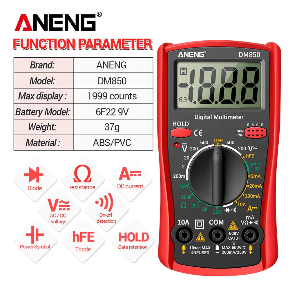 ANENG – multimètre numérique automatique professionnel DM850, 1999 points, testeur automatique de tension AC/DC, outil de détection d'ampèremètre de courant Ohm