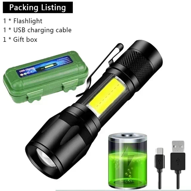 Lampe de poche LED puissante avec affichage de batterie, Rechargeable par USB, Zoom télescopique, torche, lanterne pour Camping en plein air, pêche, 9900lm