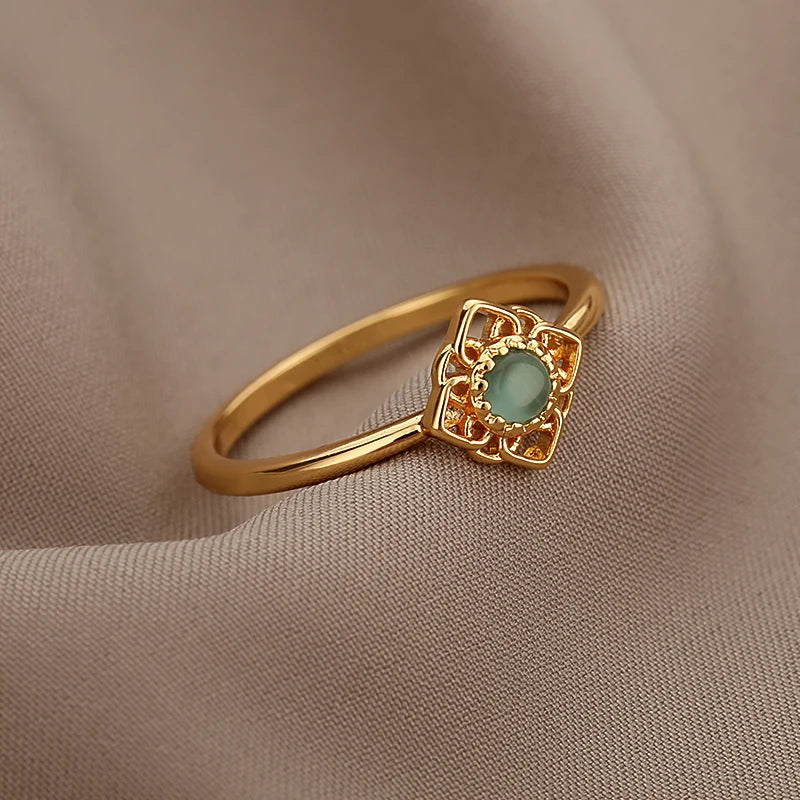Bagues solaires en pierre opale en acier inoxydable pour femmes et hommes, décor étoile solaire, anneaux ouverts couleur or, bijoux esthétiques romantiques, cadeau de Couple