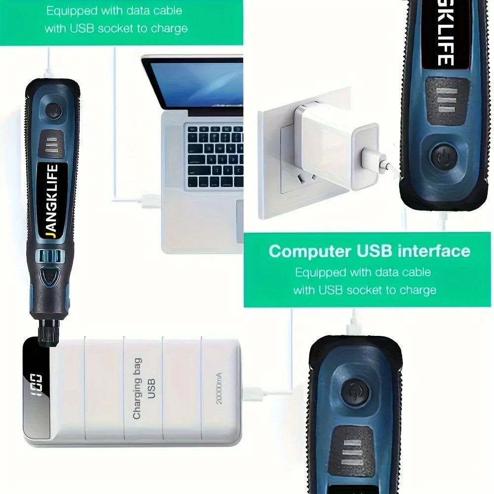 JANGKLIFE Kit d'outils rotatifs sans fil USB stylo de gravure sur bois bricolage pour bijoux métal verre Mini perceuse sans fil
