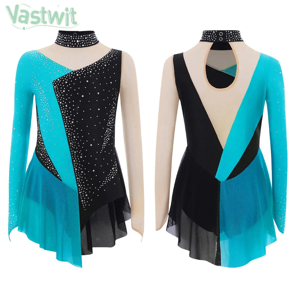 Robe de patinage artistique pour enfants filles, manches longues, strass, maille transparente, body de gymnastique, danse lyrique, Ballet, acrobatie, justaucorps