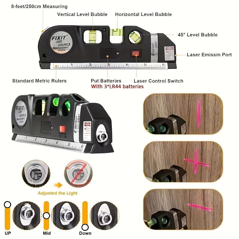 HOMEFISH outil de niveau Laser facile à utiliser, Kit de niveau Laser polyvalent, ligne transversale Standard, règle de ruban à mesurer de 8 pieds