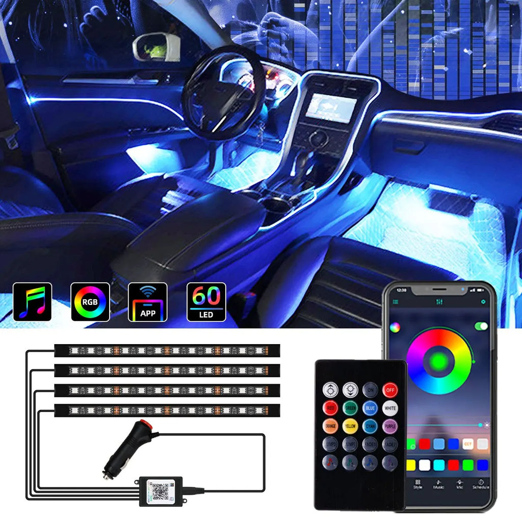 Bande LED néon 48 LED RGB pour éclairage d'ambiance au sol de voiture, avec port USB/prise allume-cigare et télécommande