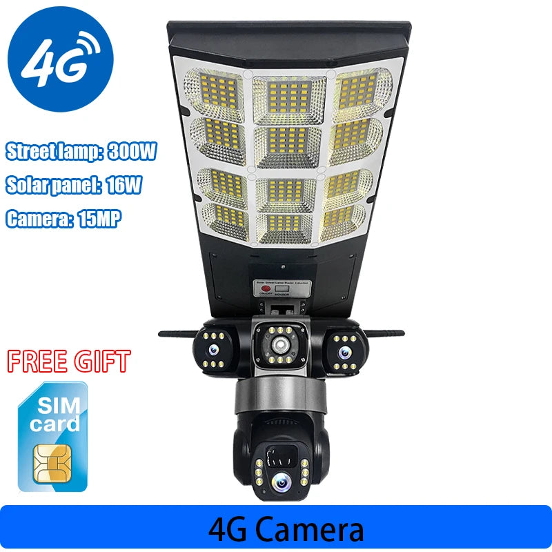 Caméra solaire capteur réverbère LED 3 Modes d'éclairage trois objectifs 4G 15MP caméras de Surveillance extérieure IP66 étanche télécommande