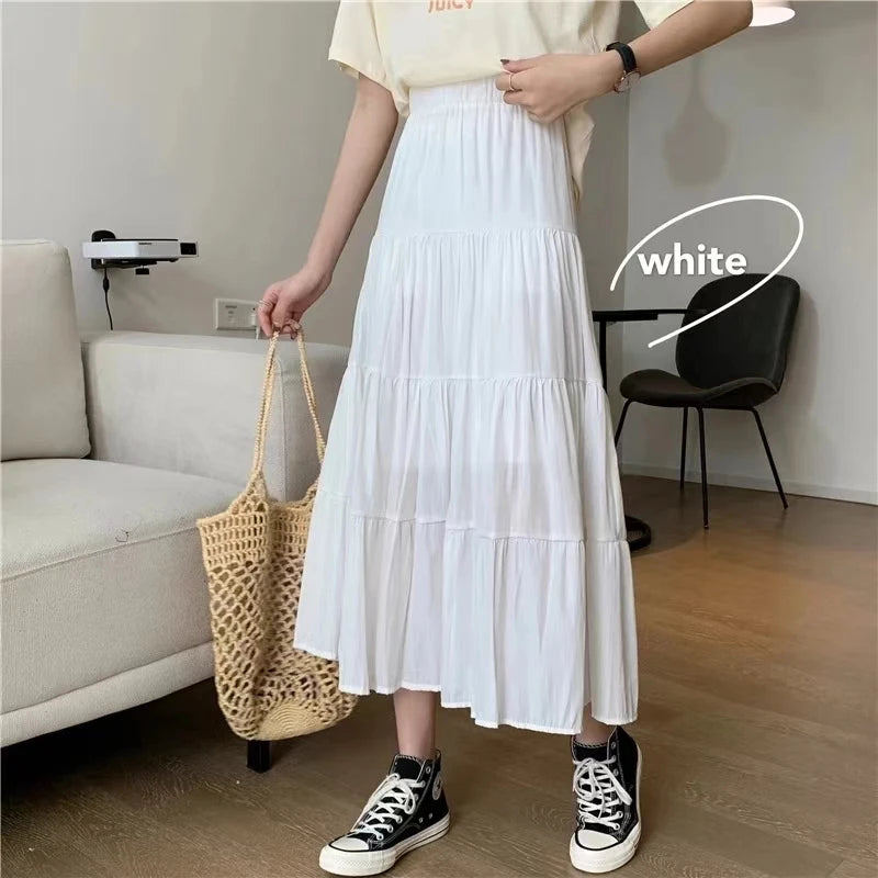 Printemps été femmes jupes Vintage taille haute élastique Patchwork blanc noir Chic longue gâteau jupe trapèze