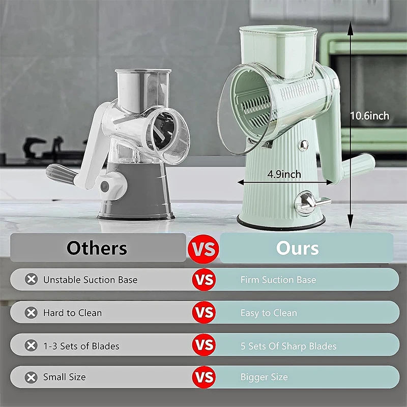 Râpe à fromage rotative 5 en 1 avec poignée, coupe-légumes de cuisine, Mandoline ronde, trancheuse à tambour avec Base d'aspiration JT435