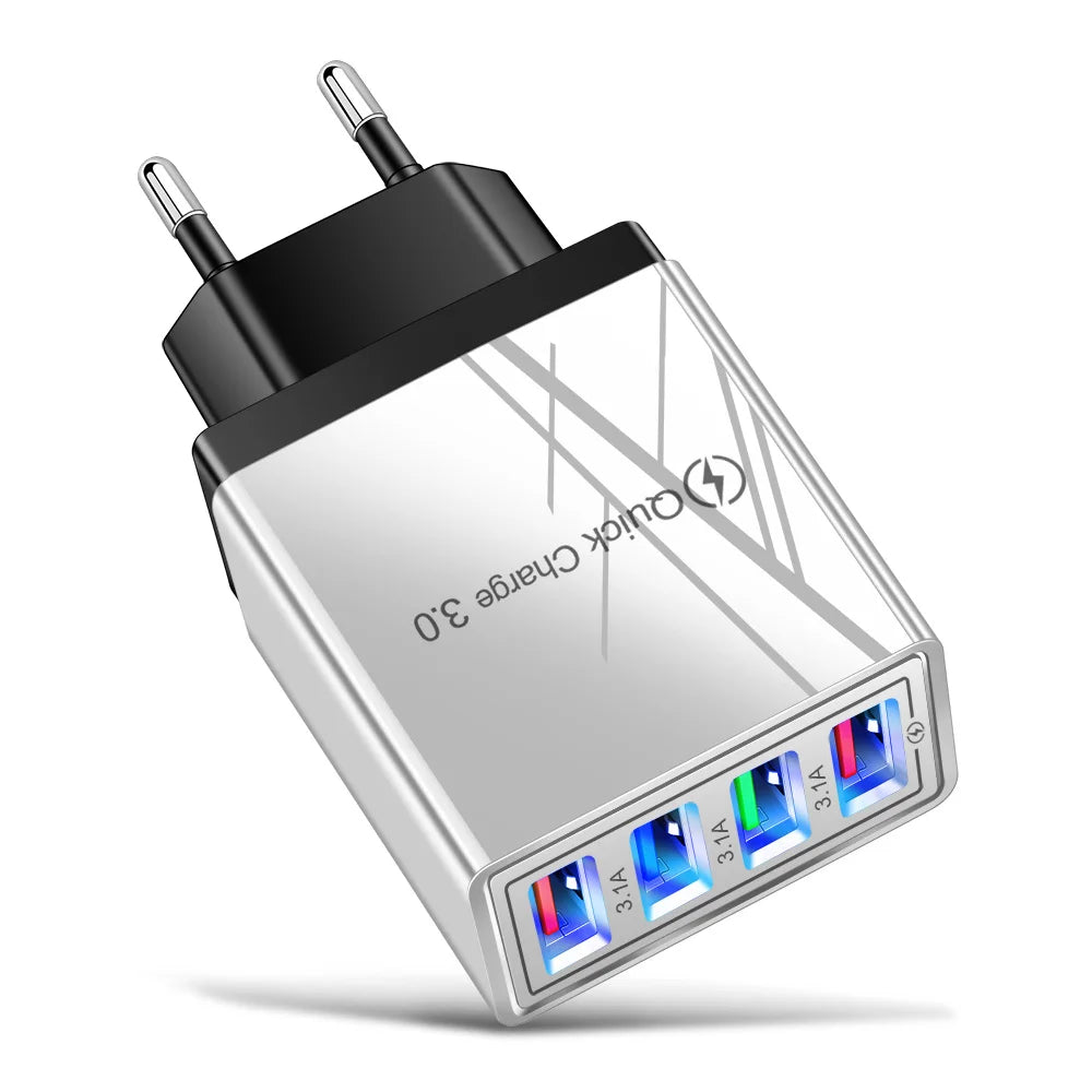 Chargeur secteur 3,1 A (UE/US) avec 4 ports USB pour la maison et les voyages, compatible avec iPhone 12, 13, 14, 15 Pro Max, Samsung, Xiaomi et Huawei