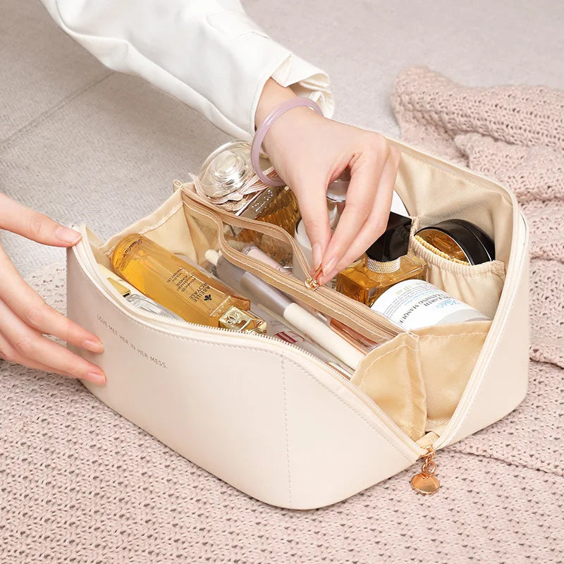 Sac à cosmétiques de grande capacité, sac de rangement de cosmétiques, trousse de toilette de voyage Portable en cuir PU, sac à cosmétiques pour femmes, organisateur de produits de toilette