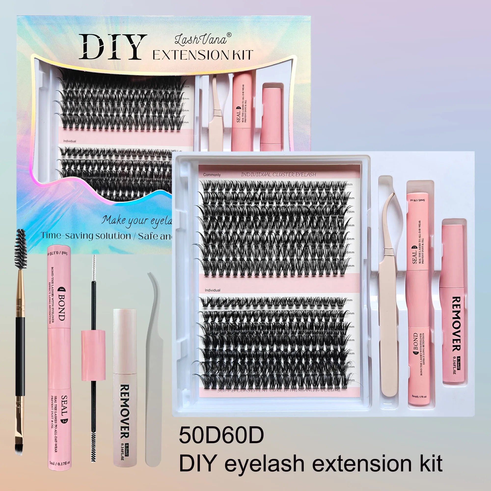 DiY Cluster Lashes Kit 200 Pcs: 8-16mm Mixed, Bond & Seal Glue, Tweezers for Natural Self Application Look