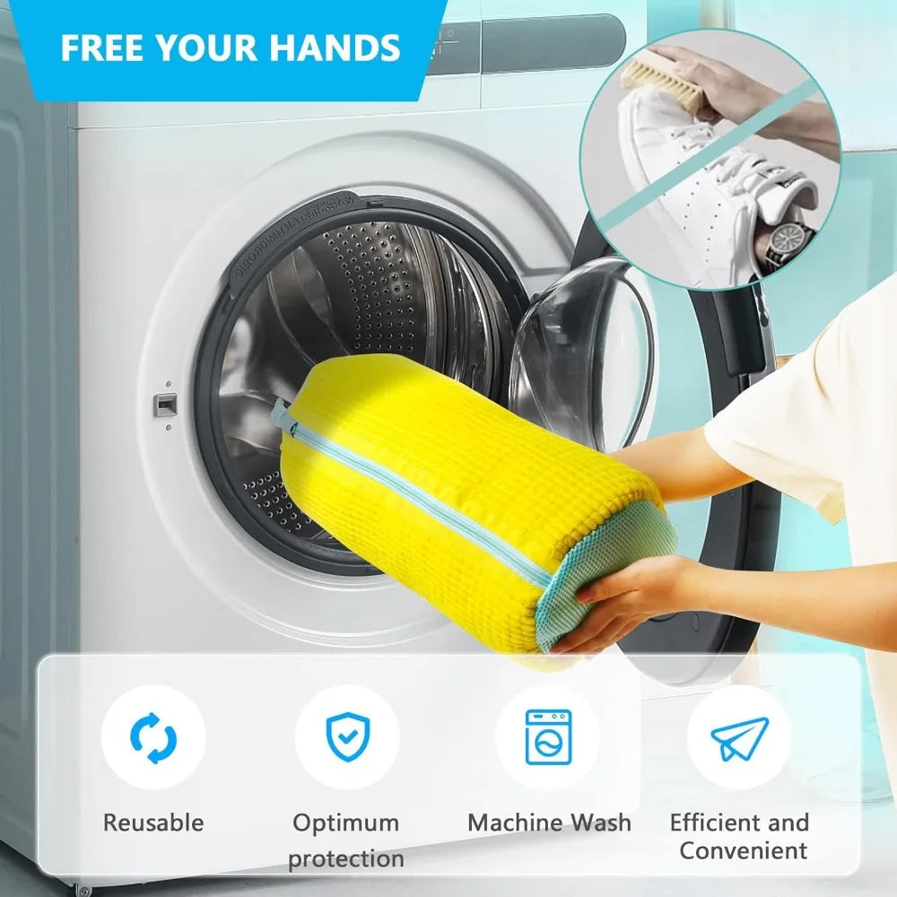 Sac de machine à laver les chaussures durable pour tous les types de chaussures-jaune avec fermeture éclair bleue, idéal pour les baskets et les chaussures décontractées, sac de lavage du linge
