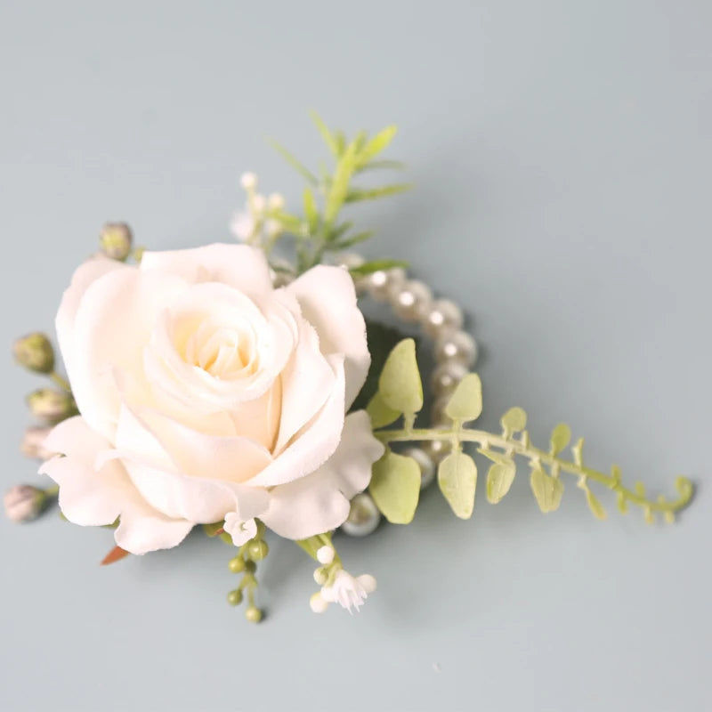 Boutonnière élégante pour marié, fleurs pour costume d'homme, roses artificielles, corsage de poignet, accessoires de mariage
