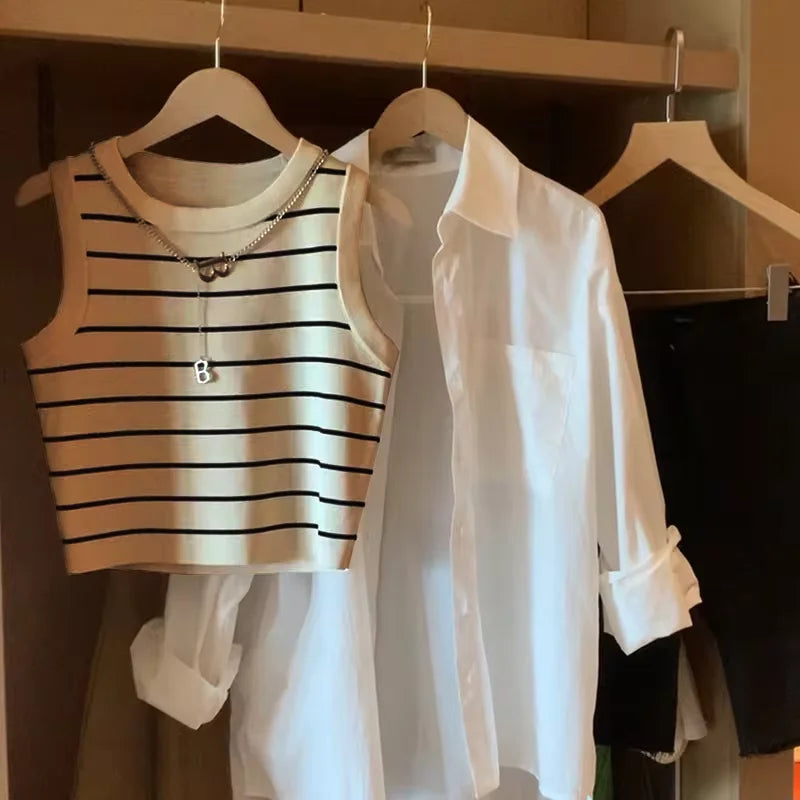 Nouveau 2025 basique fond rayé chaîne élasticité gilets femmes débardeur & Camis printemps automne sauvage culture haut court