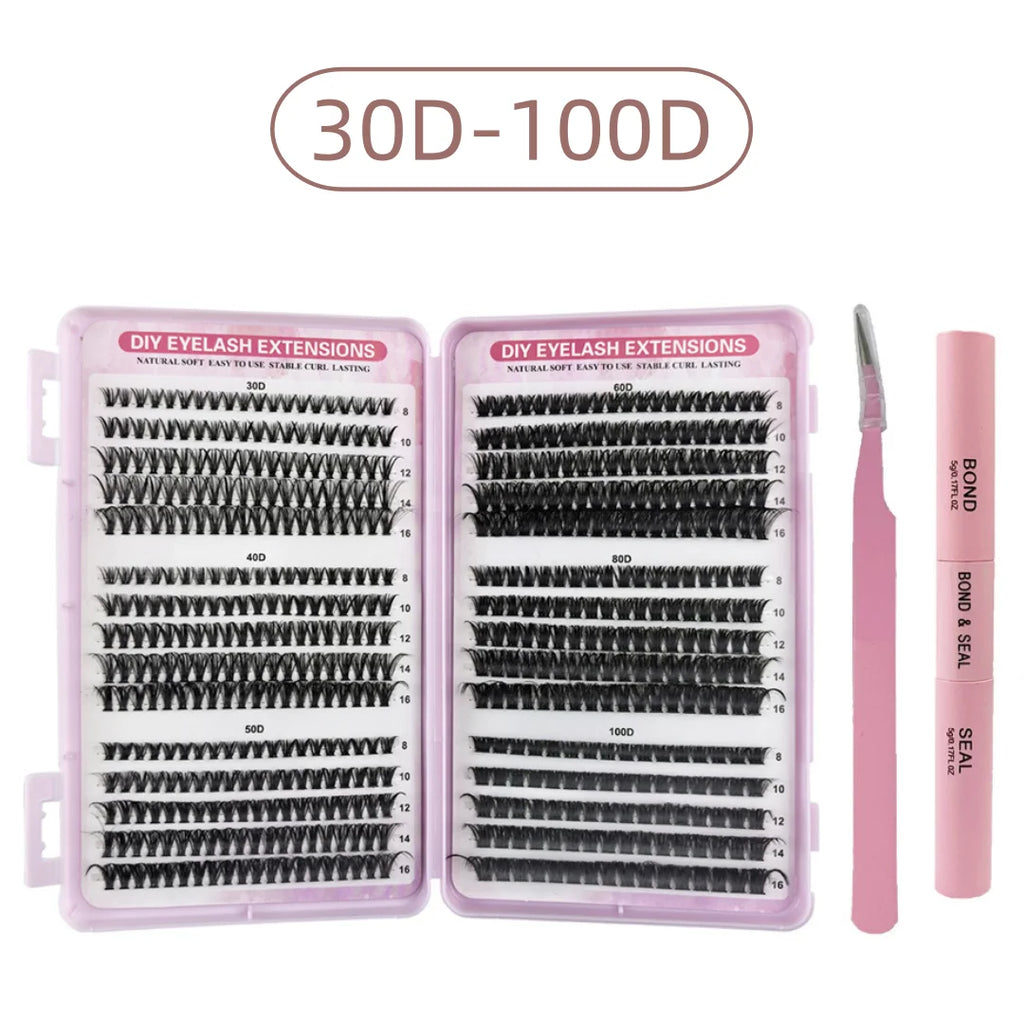 DiY Cluster Lashes Kit 200 Pcs: 8-16mm Mixed, Bond & Seal Glue, Tweezers for Natural Self Application Look