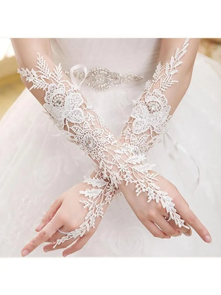 Gants de mariage longs en dentelle et cristal, sans doigts, à motif floral ivoire, pour la mariée