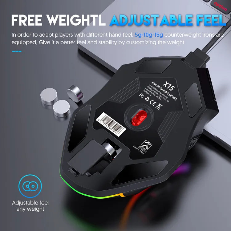 Souris gaming 12800 DPI sans poids, macro RGB, 12 touches programmables, éclairage RGB jusqu'à 6 niveaux, compatible PC, Mac, PC portable et PUBG.