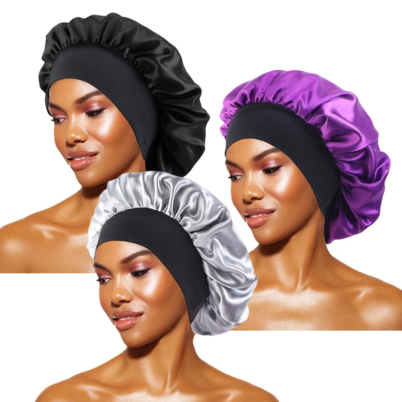 Bonnets solides en Satin pour femmes, Bonnet de bain à larges bords pour dormir la nuit, unisexe, bandeau élastique, Bonnet de soins capillaires