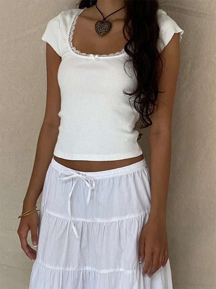 Y2k Vintage Bébé T-Shirt Cottage Dentelle Tricoté T-Shirt D'été Col Carré Manches Courtes T-Shirt Femmes Blanc Laitière Haut Court