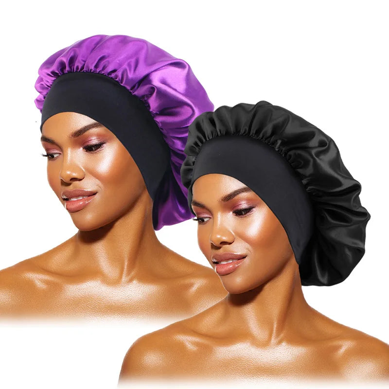 Bonnets solides en Satin pour femmes, Bonnet de bain à larges bords pour dormir la nuit, unisexe, bandeau élastique, Bonnet de soins capillaires