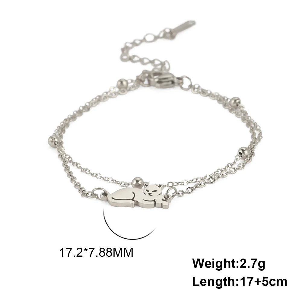 Bracelet Lucktune Chat Mignon en Acier Inoxydable avec Pendentif Animal et Chaîne à Perles - Bijou Tendance Kpop pour Femmes et Hommes - Cadeau Couple