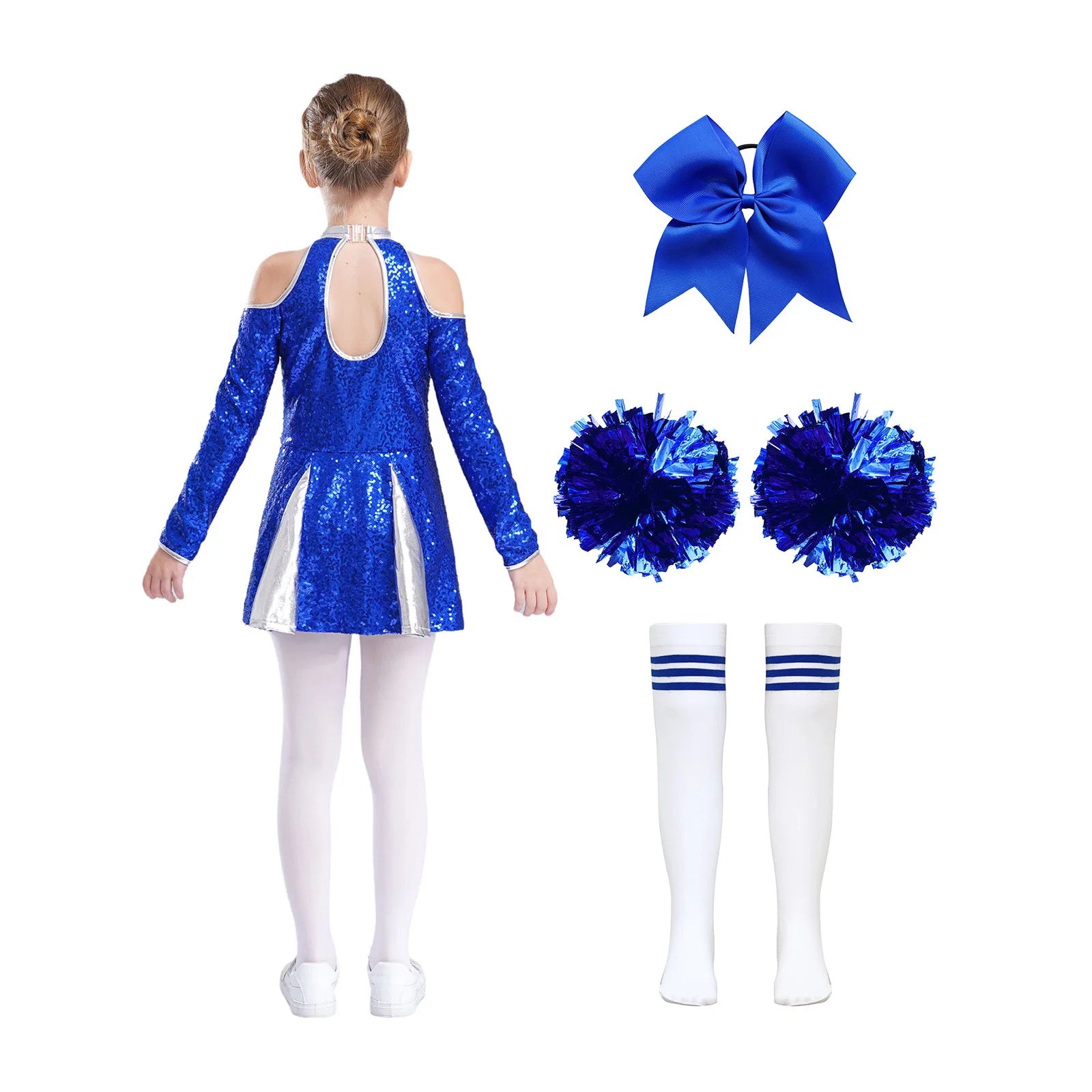 Uniformes de pom-pom girl pour enfants filles, 4 pièces, tenue de danse à l'école, paillettes brillantes, robe à épaules dénudées, déguisement de pom-pom girl de carnaval