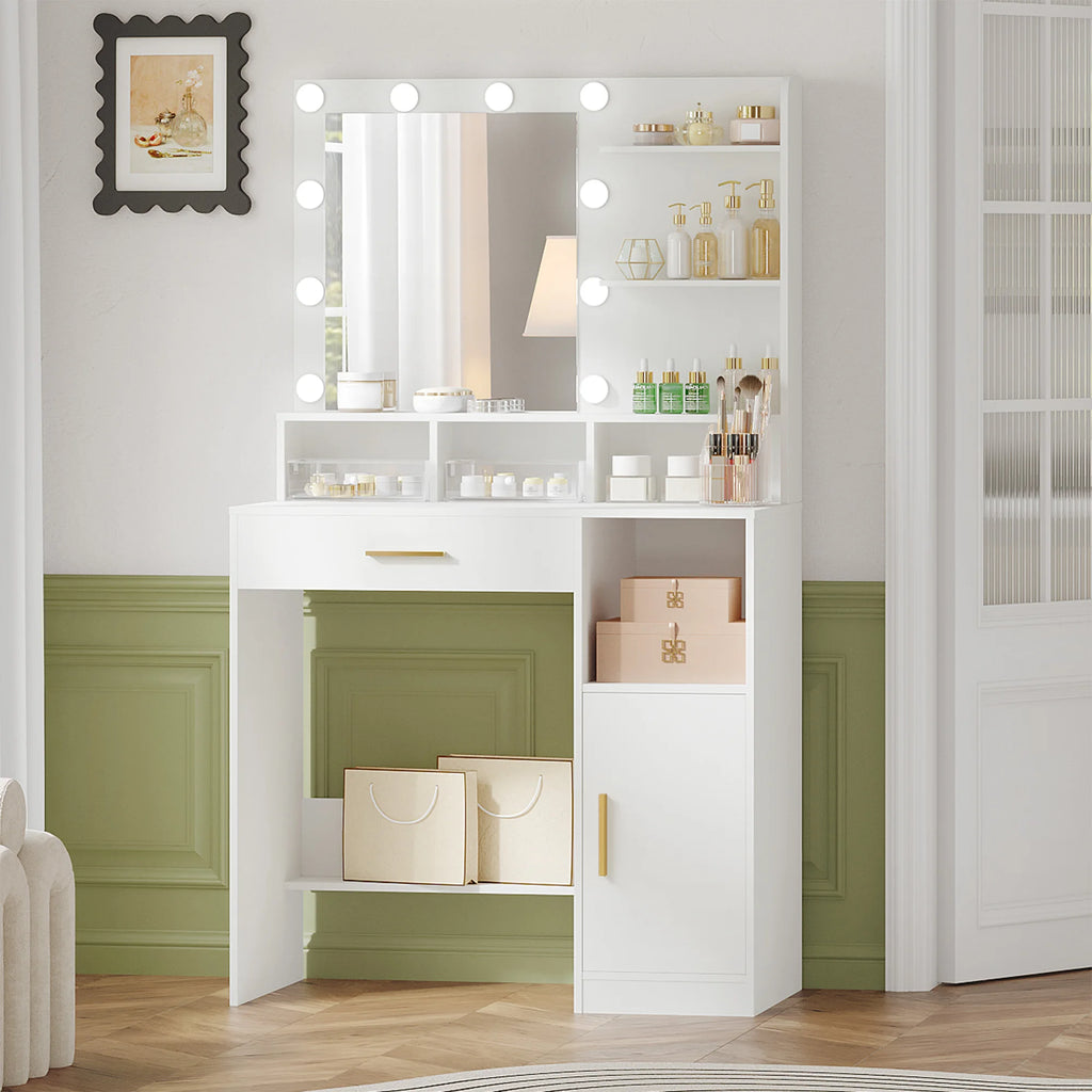 Coiffeuse Hzuaneri avec miroir et 10 lumières LED, meuble-lavabo avec 3 étagères et 4 compartiments ouverts, et grand tiroir