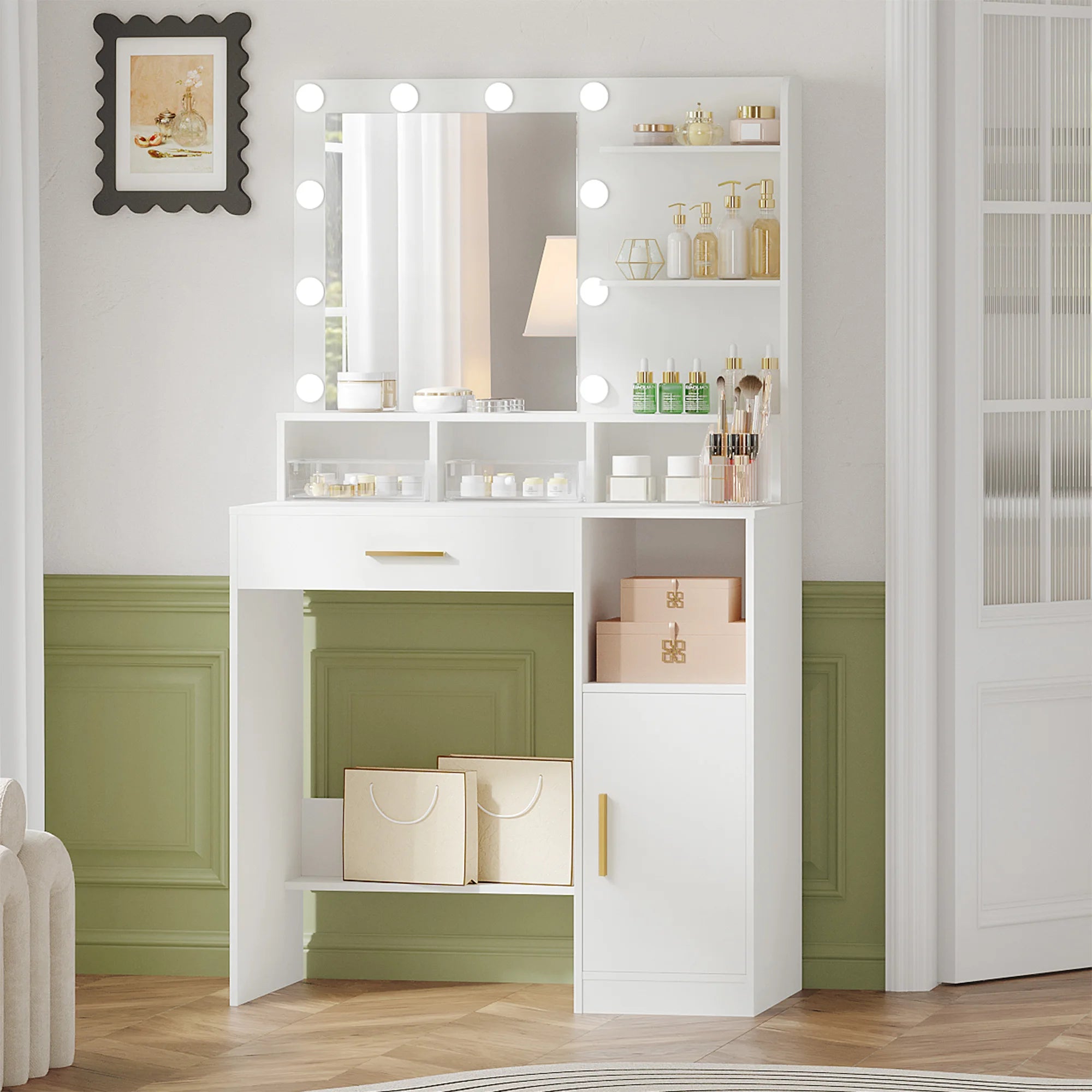 Coiffeuse Hzuaneri avec miroir et 10 lumières LED, meuble-lavabo avec 3 étagères et 4 compartiments ouverts, et grand tiroir