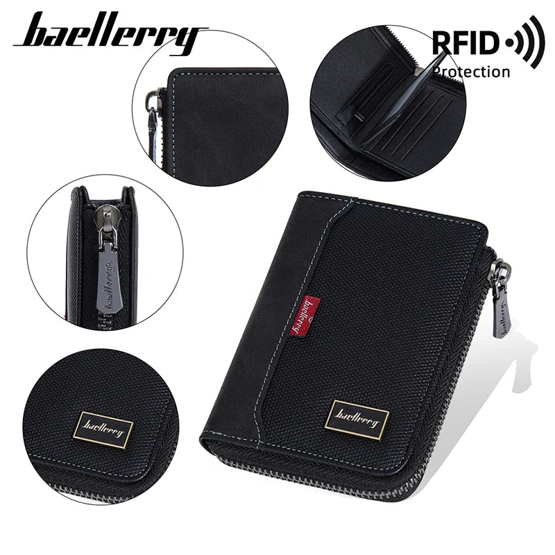 Portefeuille court simple à fermeture éclair Baellerry RFID pour homme, porte-cartes de luxe, porte-photo, porte-monnaie